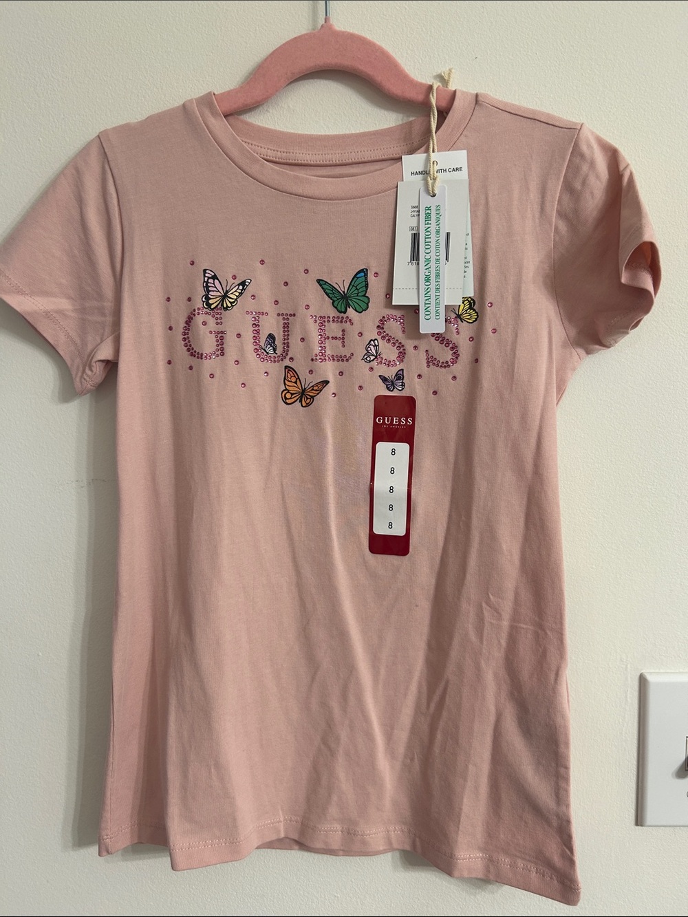 Guess Pink Tee with Jeweled Logo and Butterfly Accents